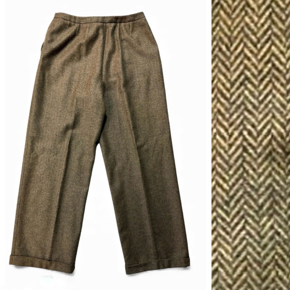 Vintage Wool Tweed Trousers Sz 10 Petite Brown Herringbone Cuffed Pants Menswear
